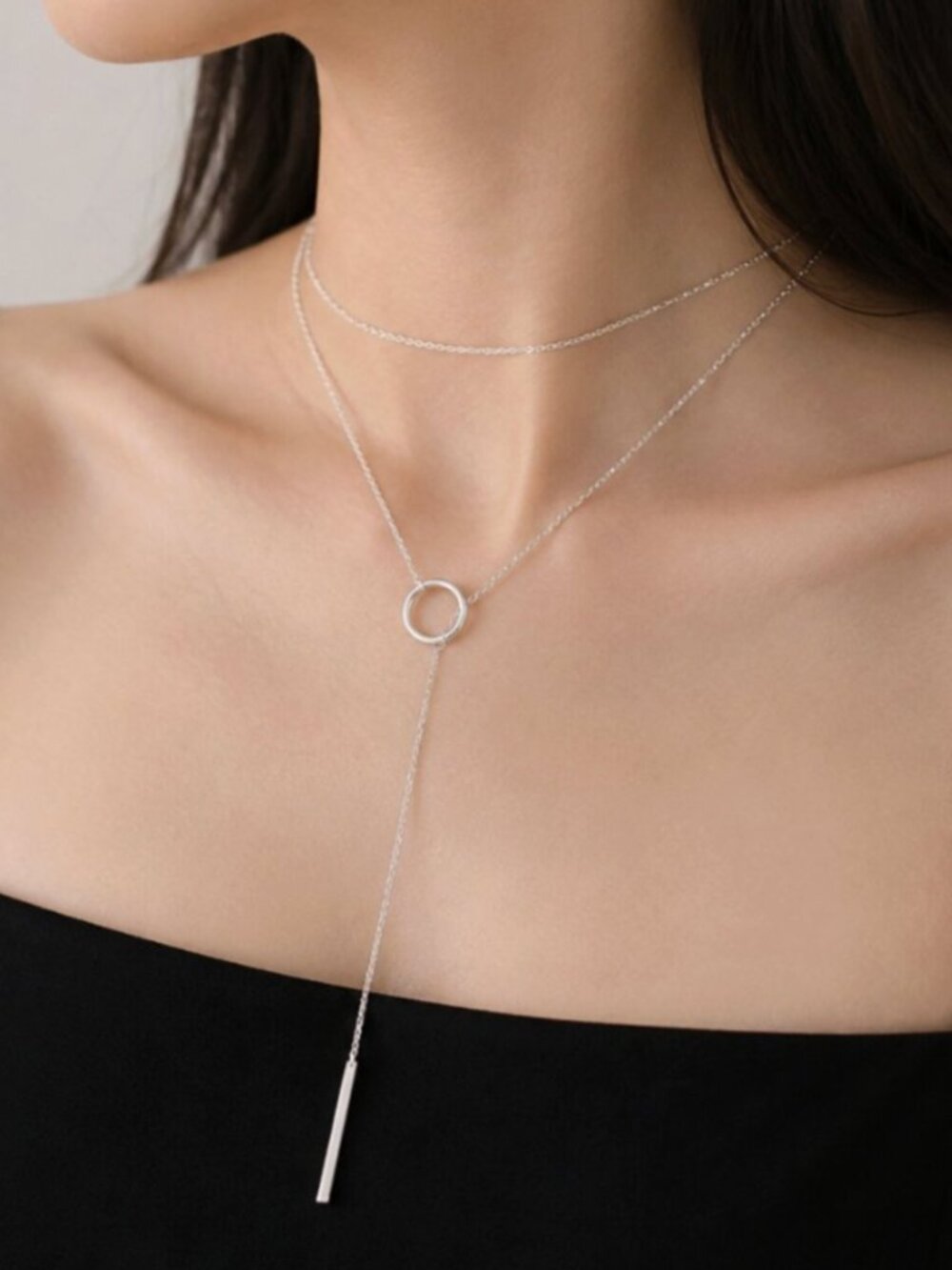 925 Sterling Silver Long Bar Lariat Necklace Long Drop Circle & Bar Necklace